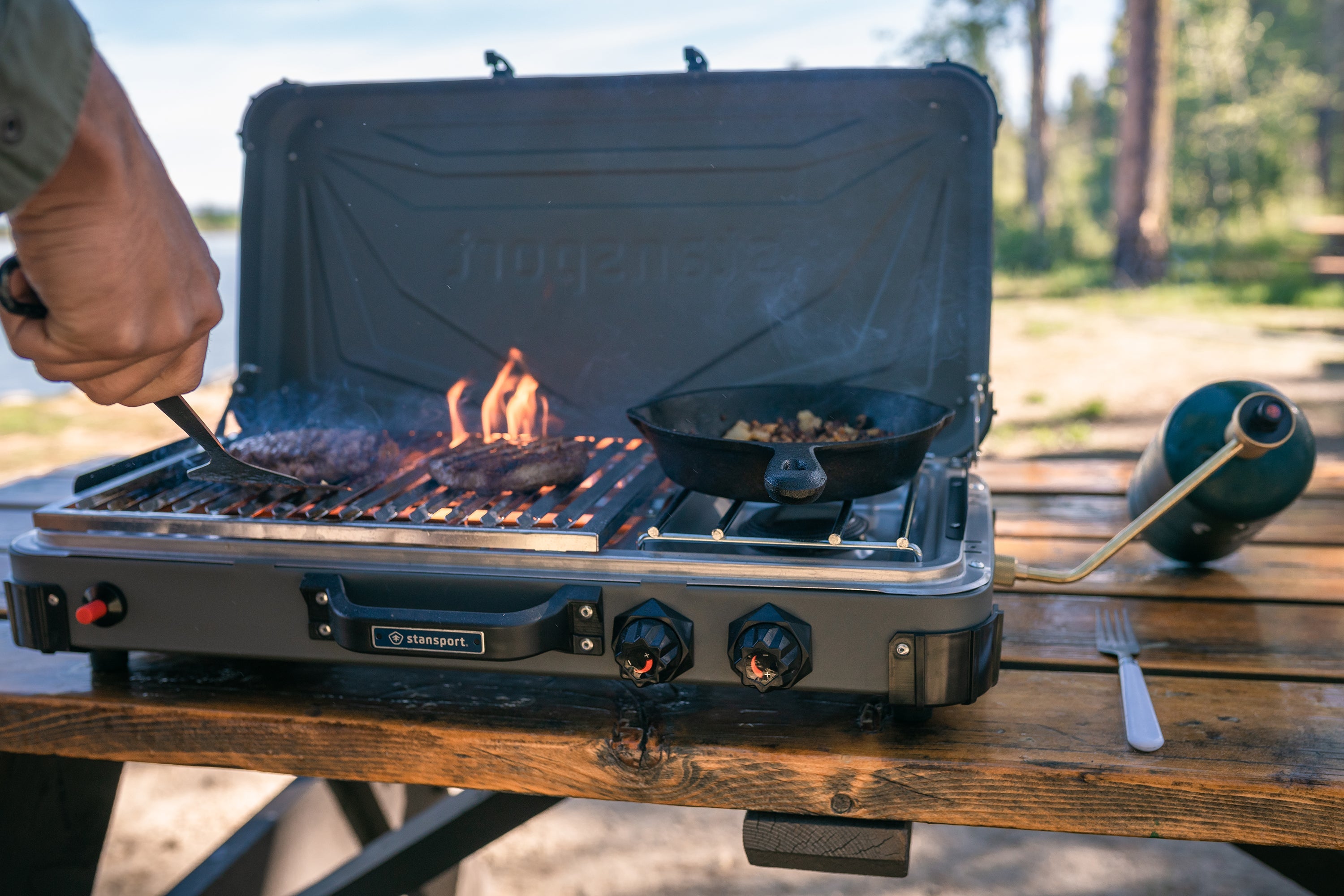 Propane Stove And Grill Combo-Piezo - Gray W/Black Trim