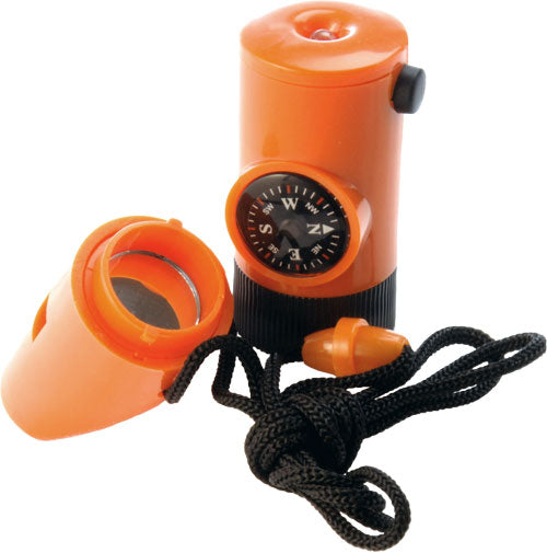 Orange 7-In-1 Survival Whistle with LED Flashlight and Compass