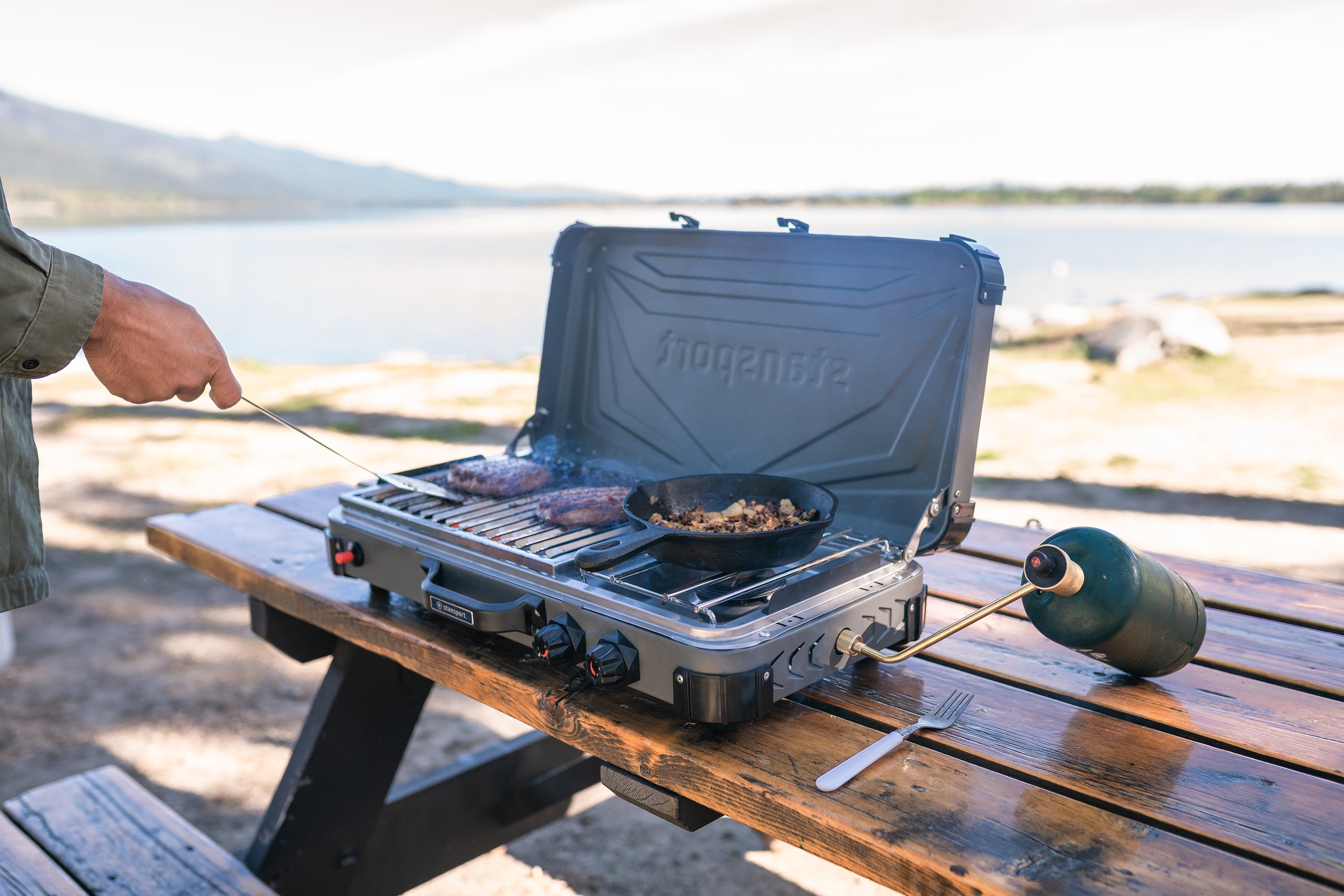 Propane Stove And Grill Combo-Piezo - Gray W/Black Trim