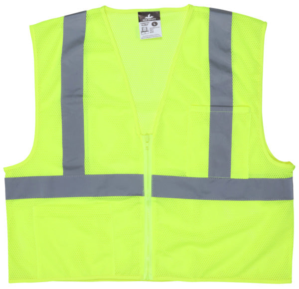 MCR Safety Class 2, Lime Poly Vest, 2" Silver Tape