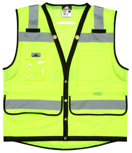 MCR Safety Vest,Lime,Class 2,Buttons,Mesh,Surveyor