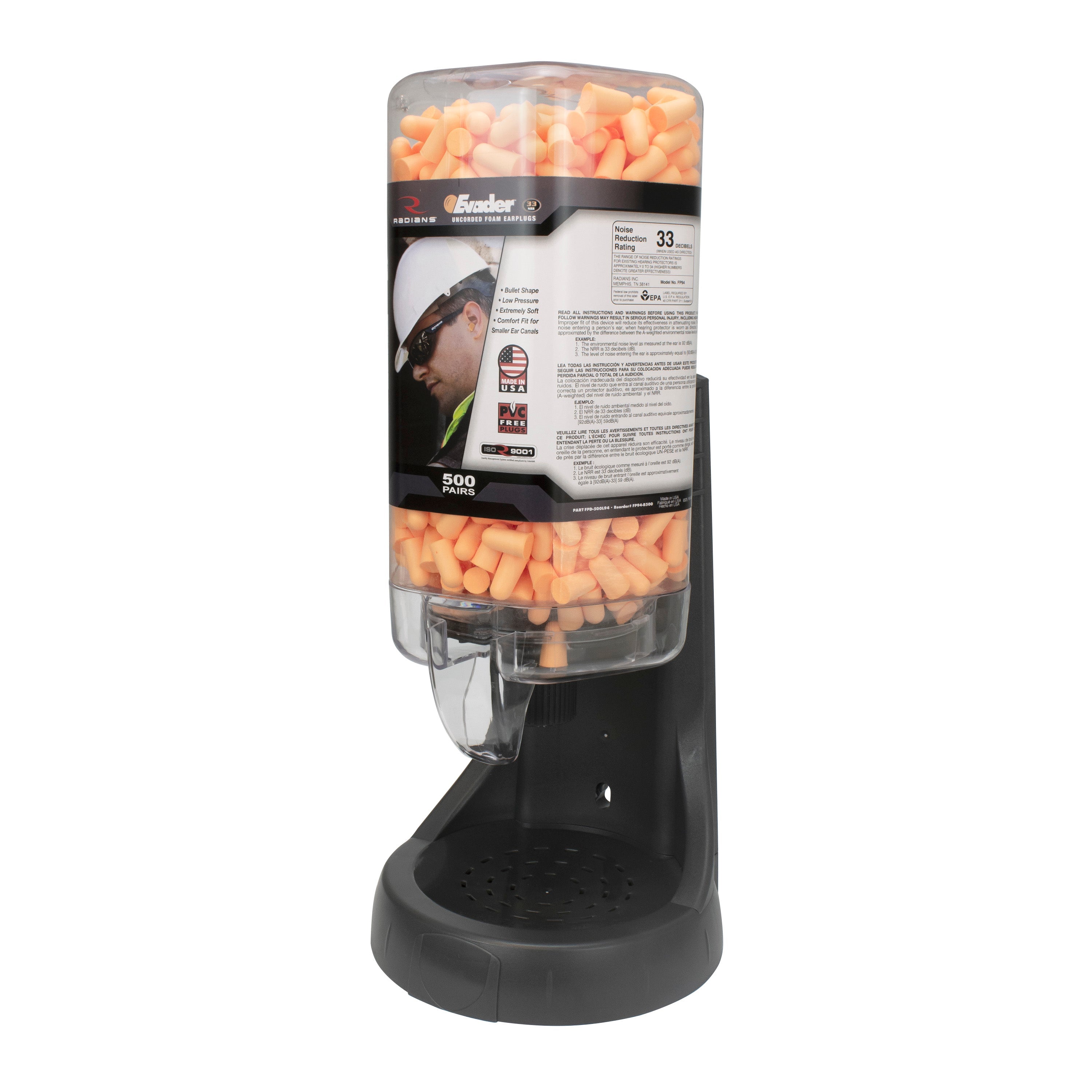 Radians Refillable Dispenser with Evader™ FP94 Plugs - 500 Pair