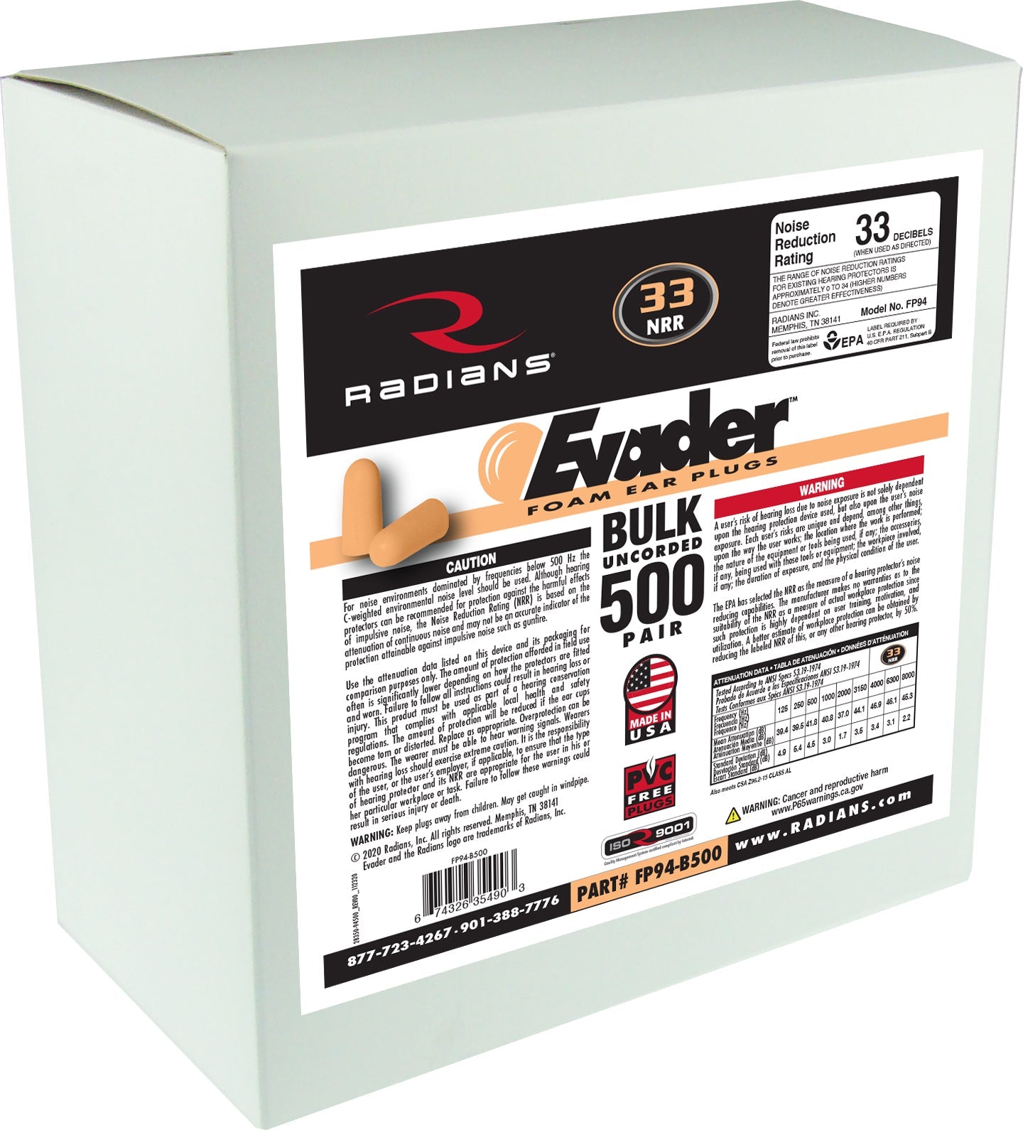 Radians Evader Foam Uncorded Earplug Dispenser Refill - 500 Pair