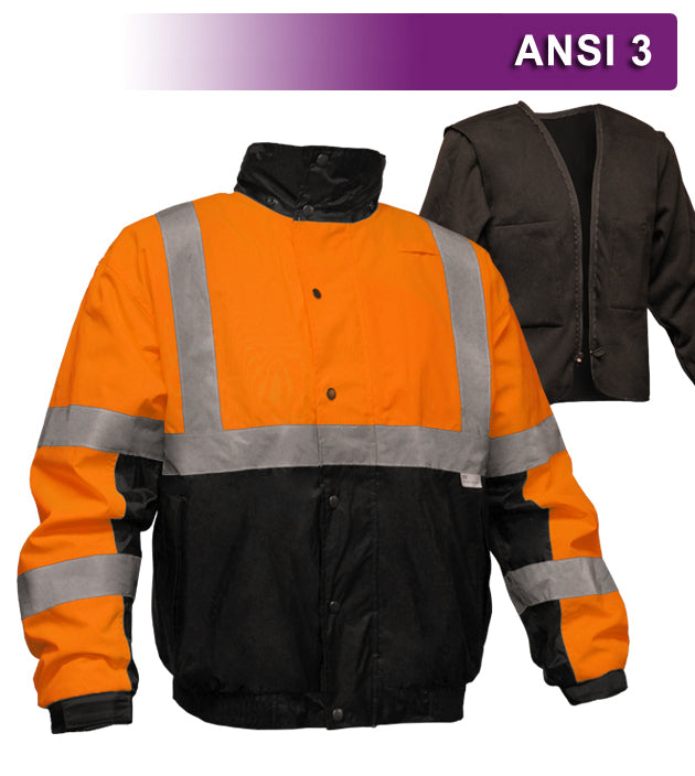 Safety Jacket Hi Vis Bomber Zip-Out Liner Breathable Waterproof Orange & Black