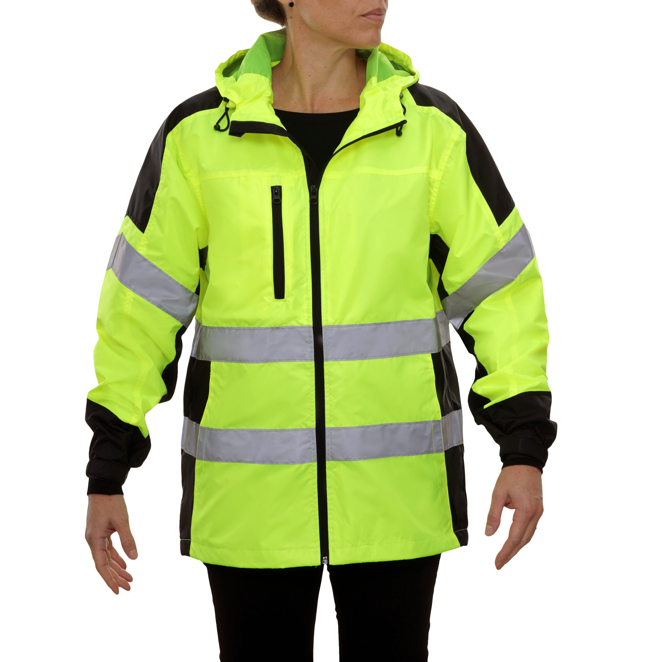 Safety Jacket Hi Vis Hooded Windbreaker Water Resistant 2-Tone