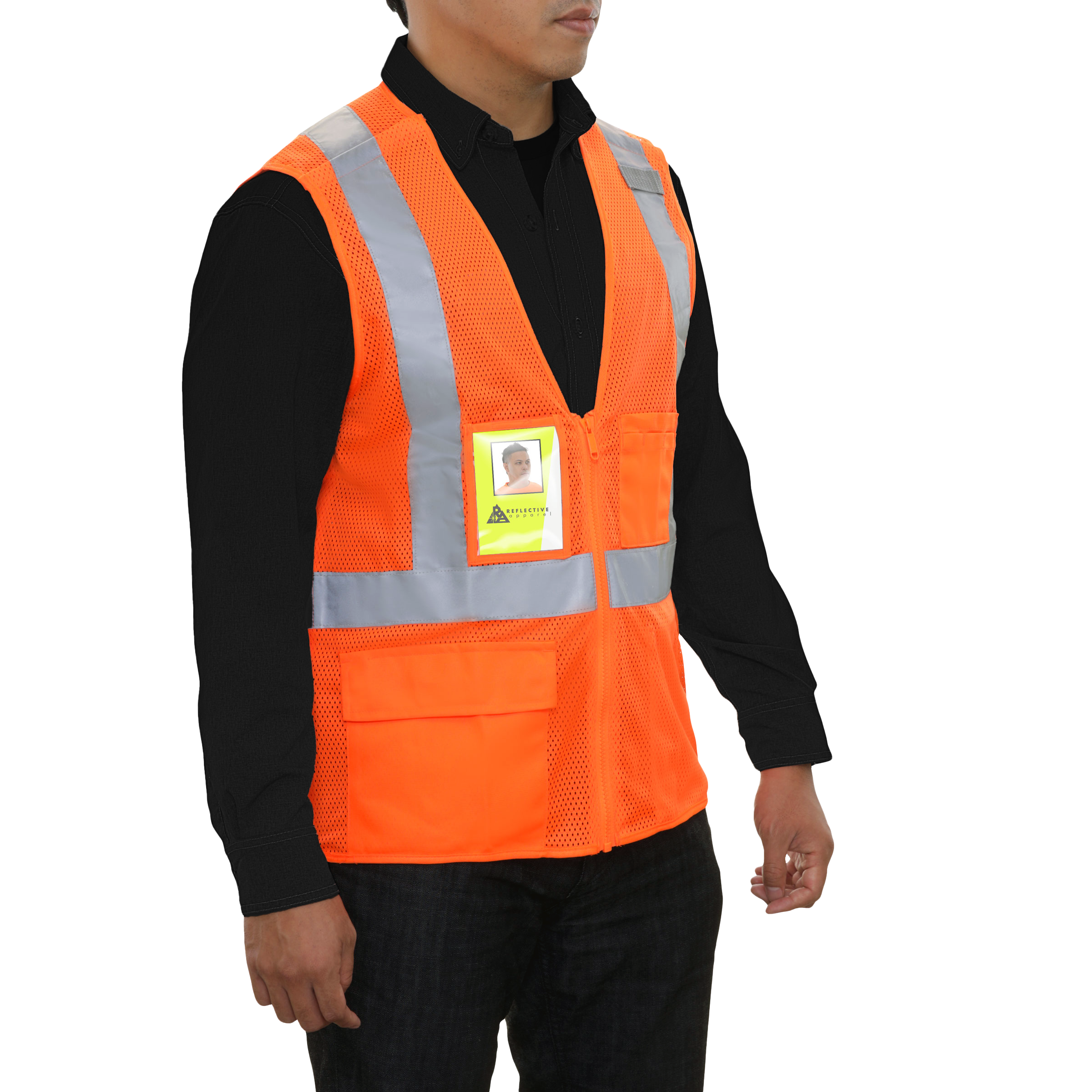 Safety Vest Clear ID Pocket 5pt Breakaway X-Back Orange Zip Mesh