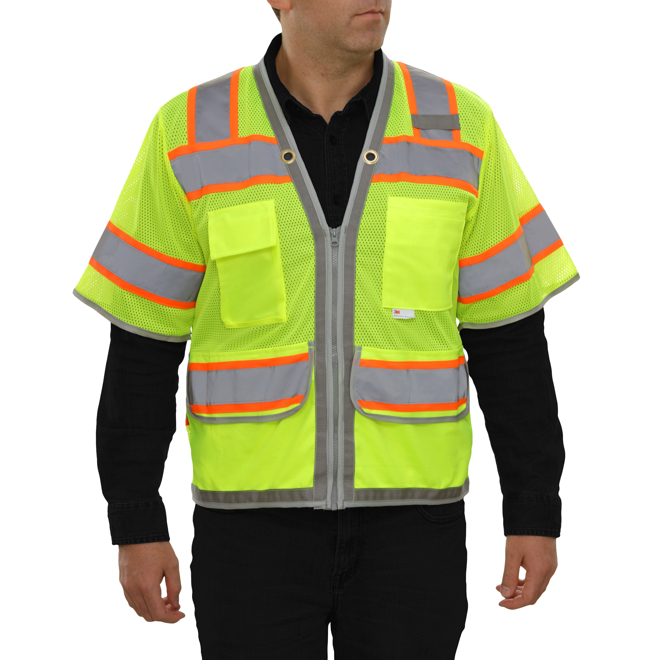 Multi-Pocket Safety Vest Hi-Vis Lime Mesh Vest Surveyor Contrasting Trim