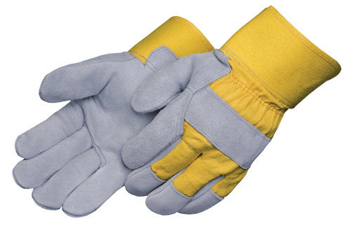 Select Shoulder - Rubberized Cuff, Grey Leather/Yellow Heavy Cotton Drill Back Gloves - Dozen