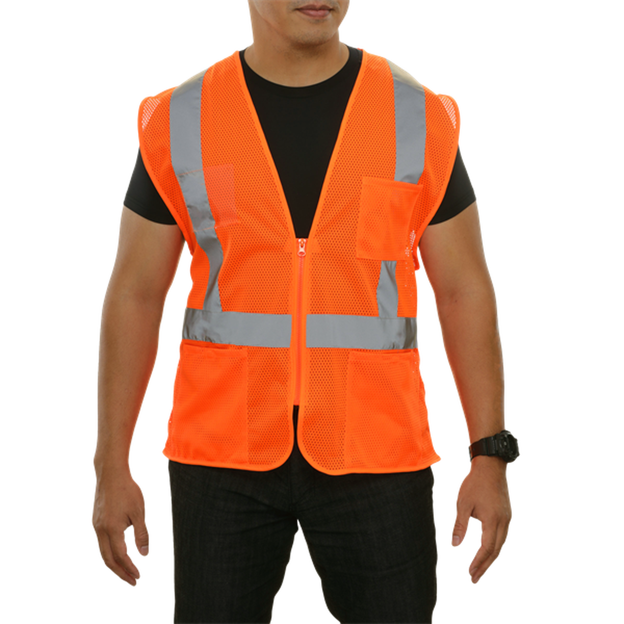 Safety Vest Hi Vis Vest Clear ID Pocket Orange Zip Mesh