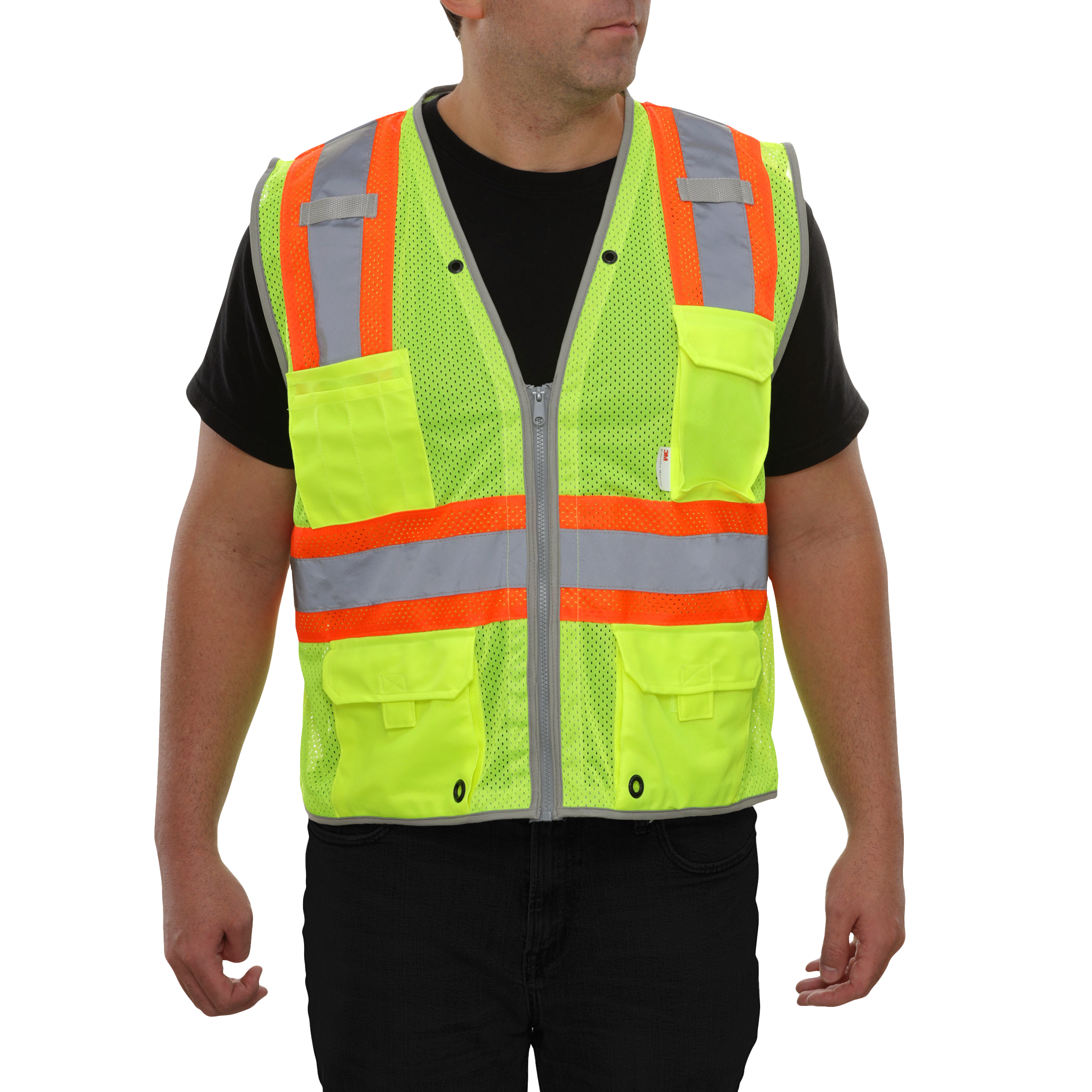 Multi-Pocket Safety Vest Hi-Vis Mesh Vest Surveyor Contrasting Trim