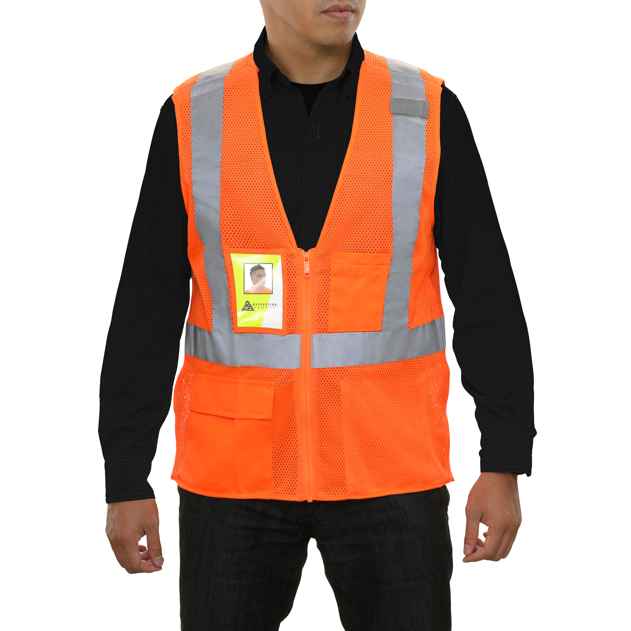 Safety Vest Clear ID Pocket 5pt Breakaway X-Back Orange Zip Mesh