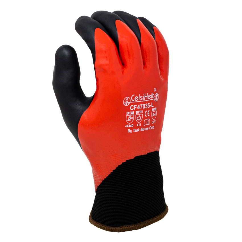 Double Dipped, Fully coated Nitrile, Black Foam Nitrile palm coated, 13 gauge HDPE shell, 7 gauge Terry lined, ANSI A4 (2XL)