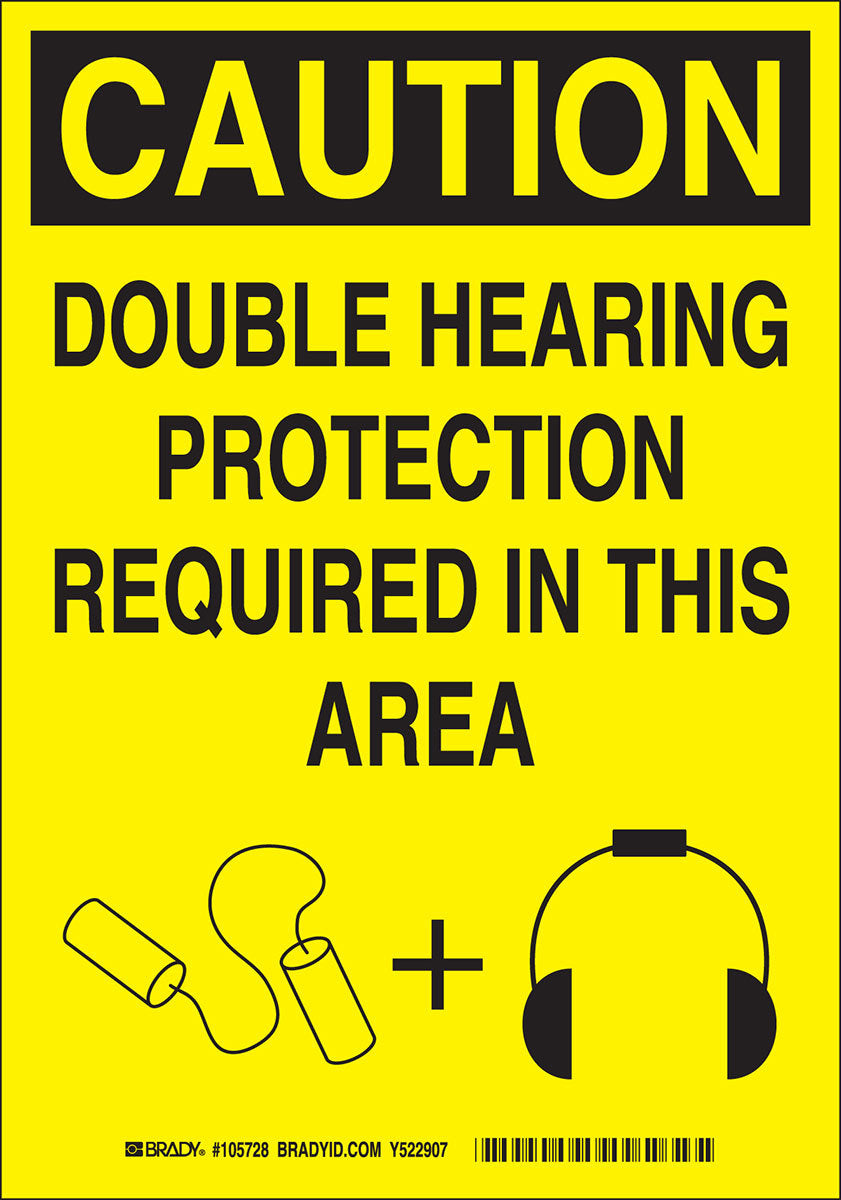 Brady® 10" X 7" X .035" Black On Yellow B-555 Aluminum Safety Sign "DOUBLE HEARING PROTECTION REQUIRED IN THIS AREA"