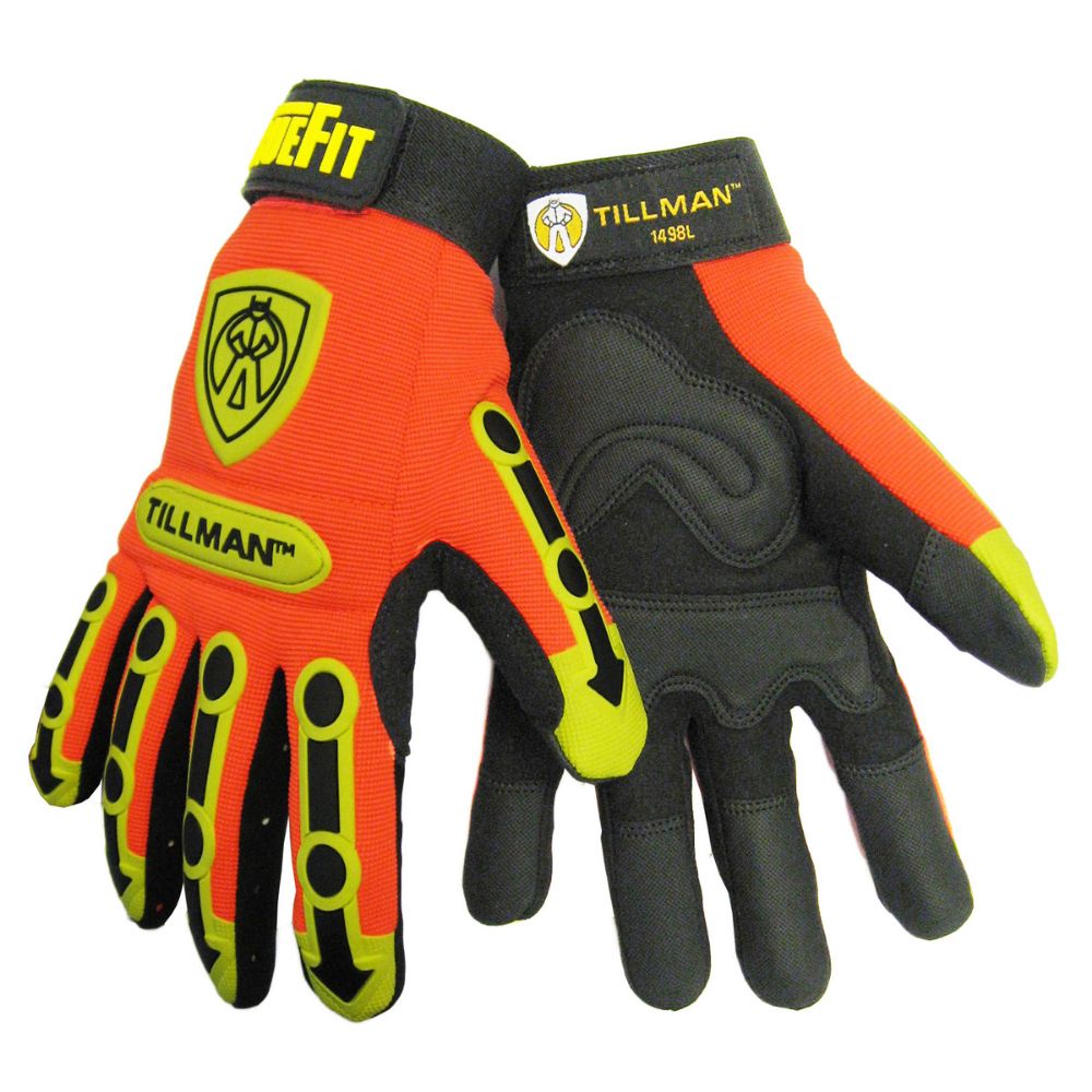 Tillman Orange, Black And Gold TrueFit Synthetic Leather And Spandex Full Finger Impact Protected Mechanics Gloves