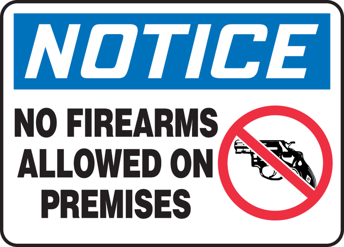 Accuform® 7" X 10" Red, Blue, Black And White Aluminum Safety Signs "NOTICE NO FIREARMS ALLOWED ON PREMISES"