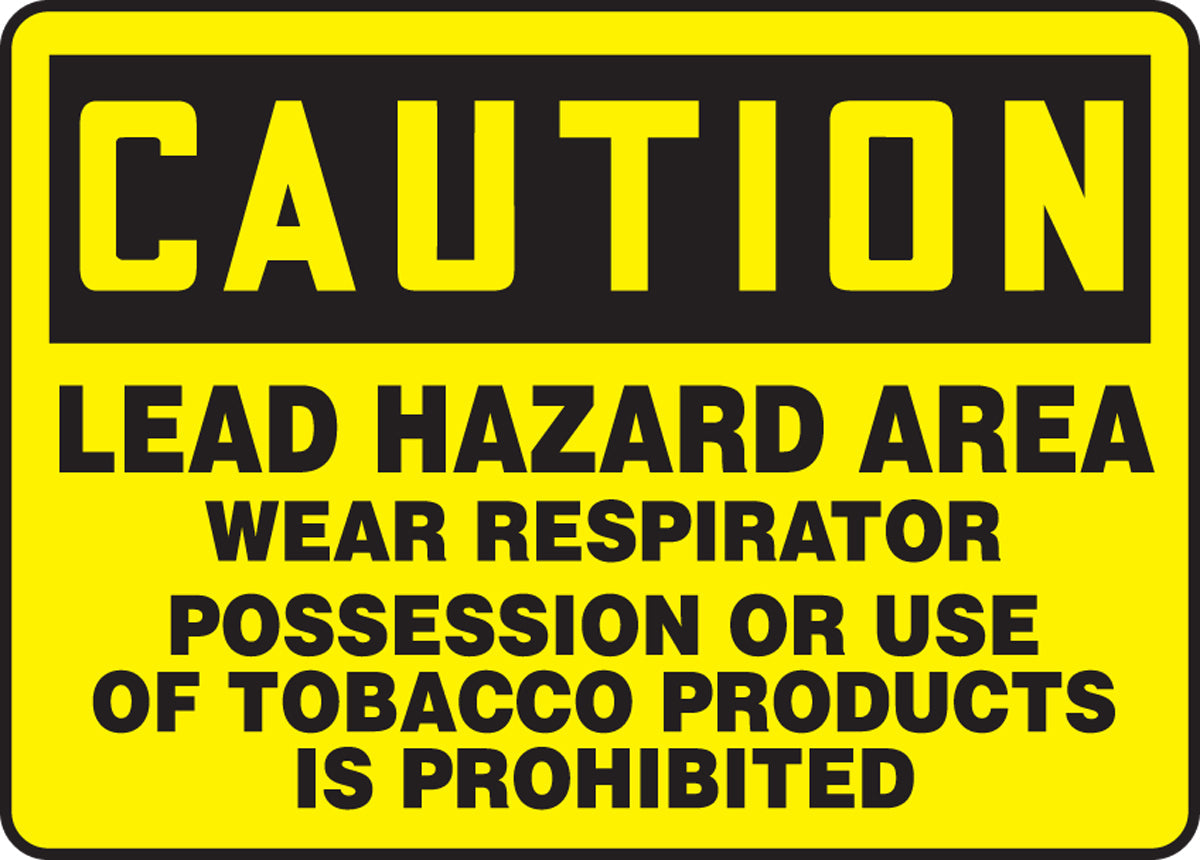 Accuform® 10" X 14" Black And Yellow Aluminum Safety Signs "CAUTION LEAD HAZARD AREA WEAR RESPIRATOR POSSESSION OR USE OF TOBACCO PRODUCTS IS PROHIBITED"