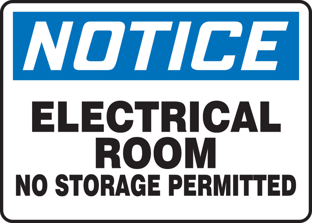 Accuform® 10" X 14" Blue, Black And White Aluminum Safety Signs "NOTICE ELECTRICAL ROOM NO STORAGE PERMITTED"