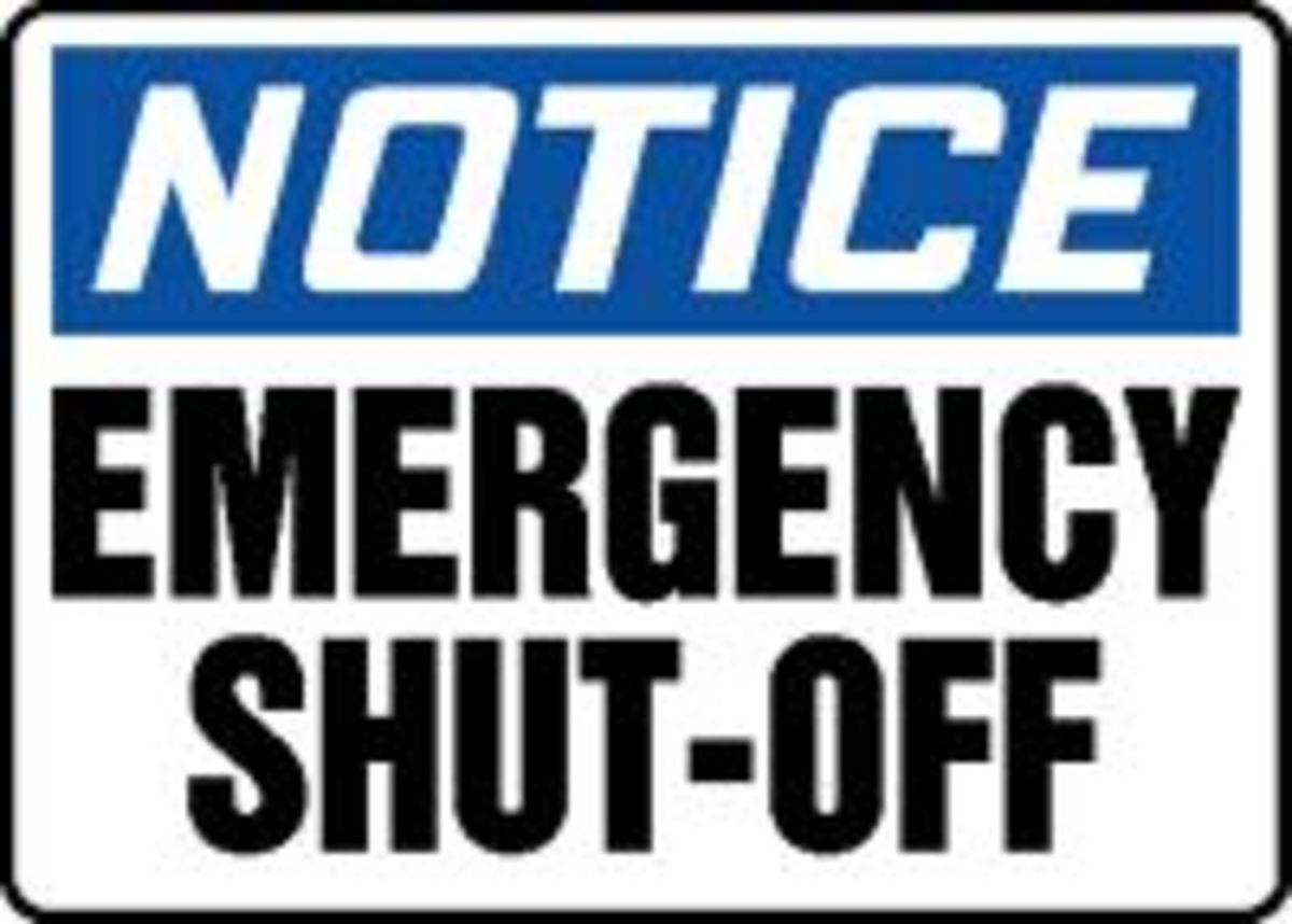Accuform® 10" X 14" Blue, Black And White Adhesive Vinyl Safety Signs "NOTICE EMERGENCY SHUT-OFF"