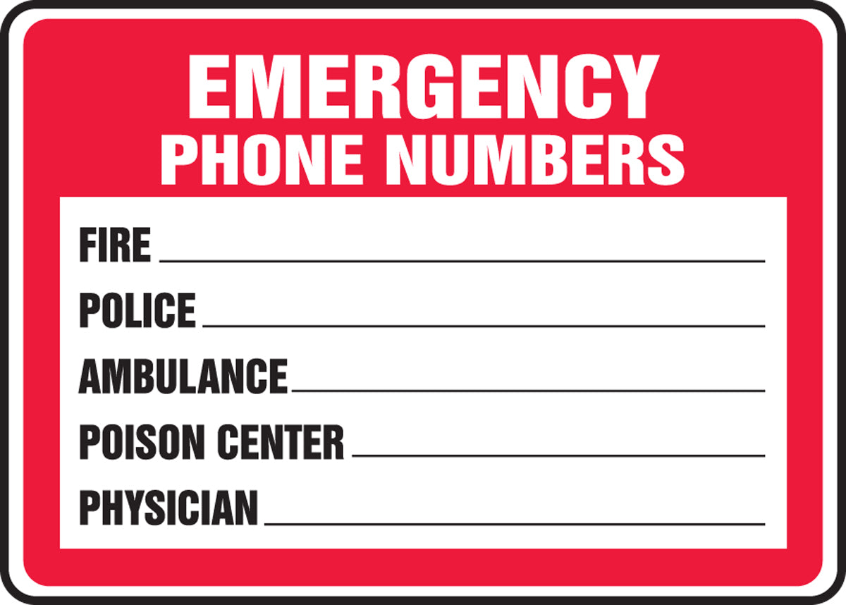 Accuform® 10" X 14" White, Black And Red Adhesive Vinyl Safety Signs "EMERGENCY PHONE NUMBERS FIRE POLICE AMBULANCE POISON CENTER PHYSICIAN"