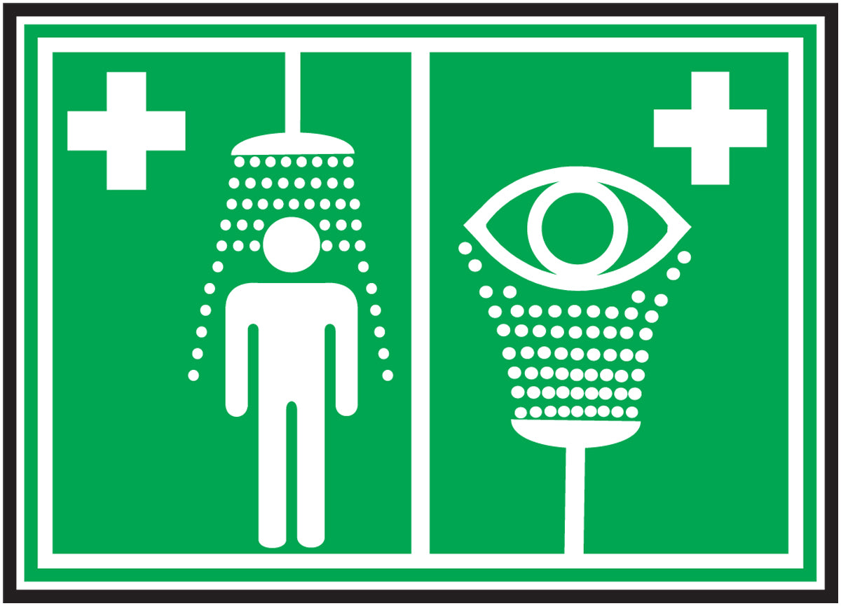 Accuform® 10" X 14" White And Green Adhesive Vinyl Safety Signs "EMERGENCY SHOWER AND EYE WASH (With Pictogram)"