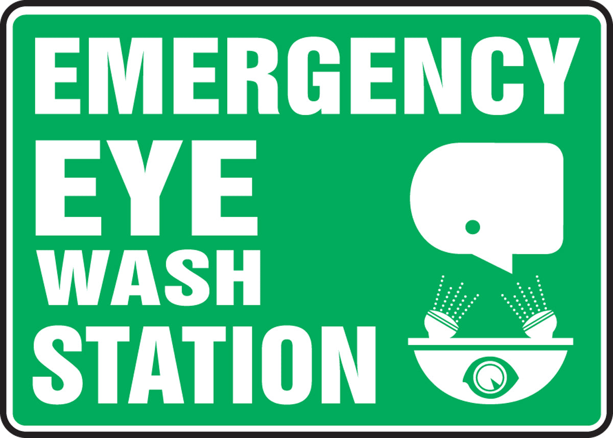 Accuform® 10" X 14" White And Green Aluminum Safety Signs "EMERGENCY EYE WASH STATION"