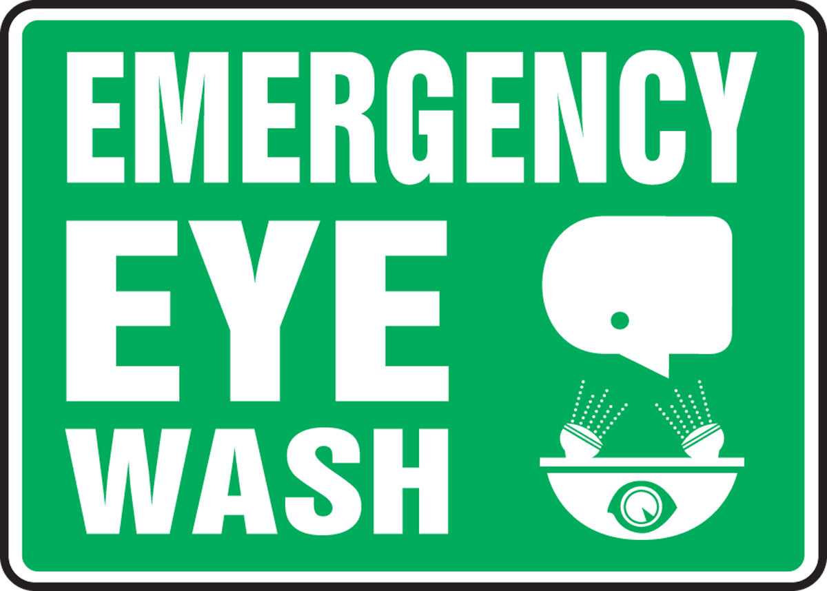 Accuform® 10" X 14" White And Green Aluminum Safety Signs "EMERGENCY EYE WASH"
