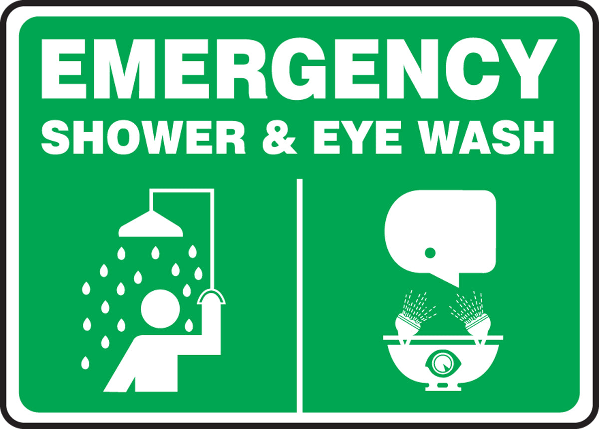 Accuform® 10" X 14" White And Green Aluminum Safety Signs "EMERGENCY SHOWER & EYE WASH"