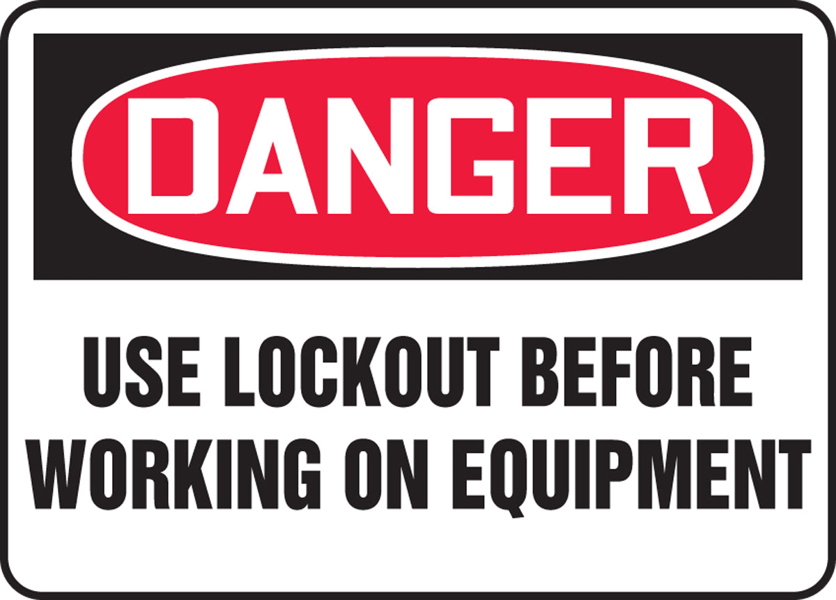 Accuform® 10" X 14" Red, Black And White Aluminum Safety Signs "DANGER USE LOCKOUT BEFORE WORKING ON EQUIPMENT"