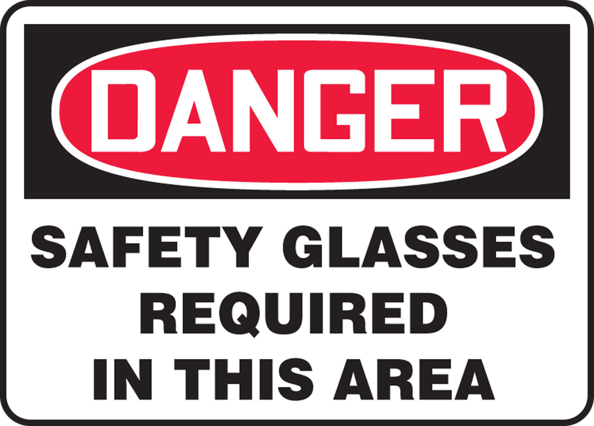Accuform® 7" X 10" Red, Black And White Plastic Safety Signs "DANGER SAFETY GLASSES REQUIRED IN THIS AREA"