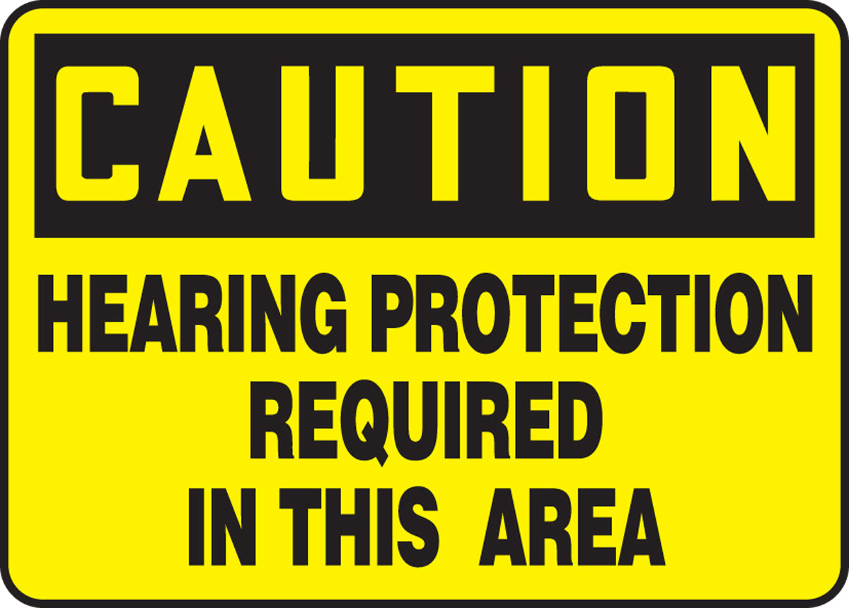 Accuform® 10" X 14" Black And Yellow Plastic Safety Signs "CAUTION HEARING PROTECTION REQUIRED IN THIS AREA"