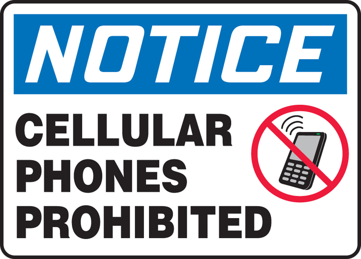 Accuform® 10" X 14" Red, Black And White Plastic Safety Signs "NOTICE CELLULAR PHONES PROHIBITED"