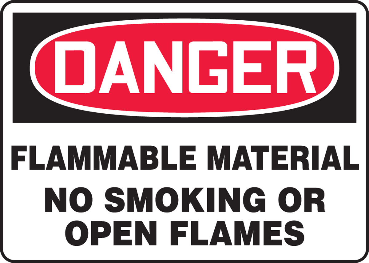 Accuform® 7" X 10" Red, Black And White Plastic Safety Signs "DANGER FLAMMABLE MATERIAL NO SMOKING OR OPEN FLAMES"