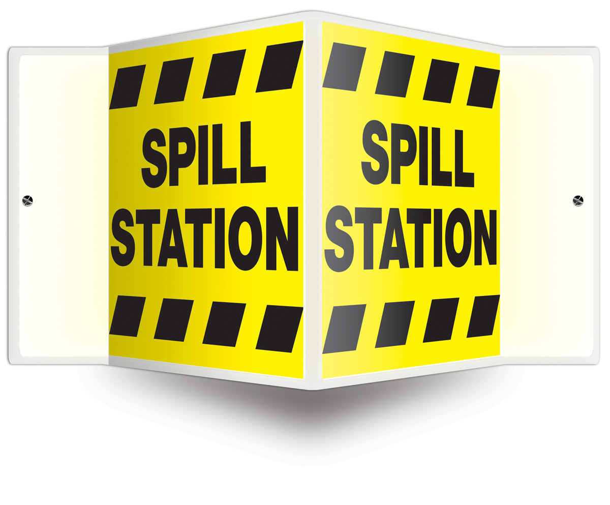 Accuform® 8" X 12" White, Black And Yellow Plastic PROJECTION™ Projection Signs "SPILL STATION"