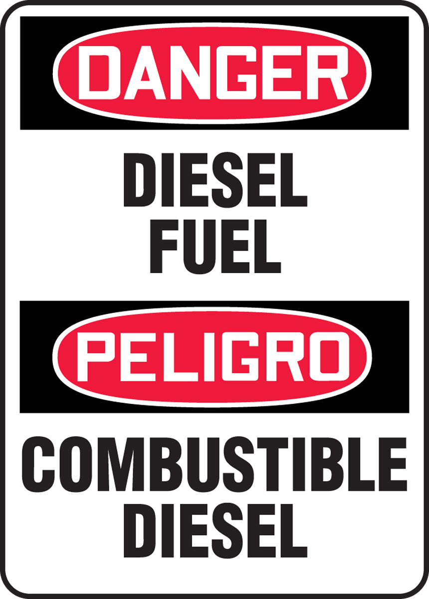 Accuform® 14" X 10" Red, Black And White Aluminum Spanish/English Bilingual Safety Signs "DANGER DIESEL FUEL PELIGRO COMBUSTIBLE DIESEL"