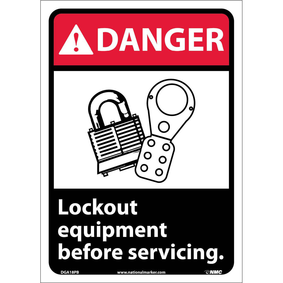 NM 14" X 10" White .0045" Pressure Sensitive Vinyl Danger Lockout Sign "DANGER Lock out equipment before servicing."