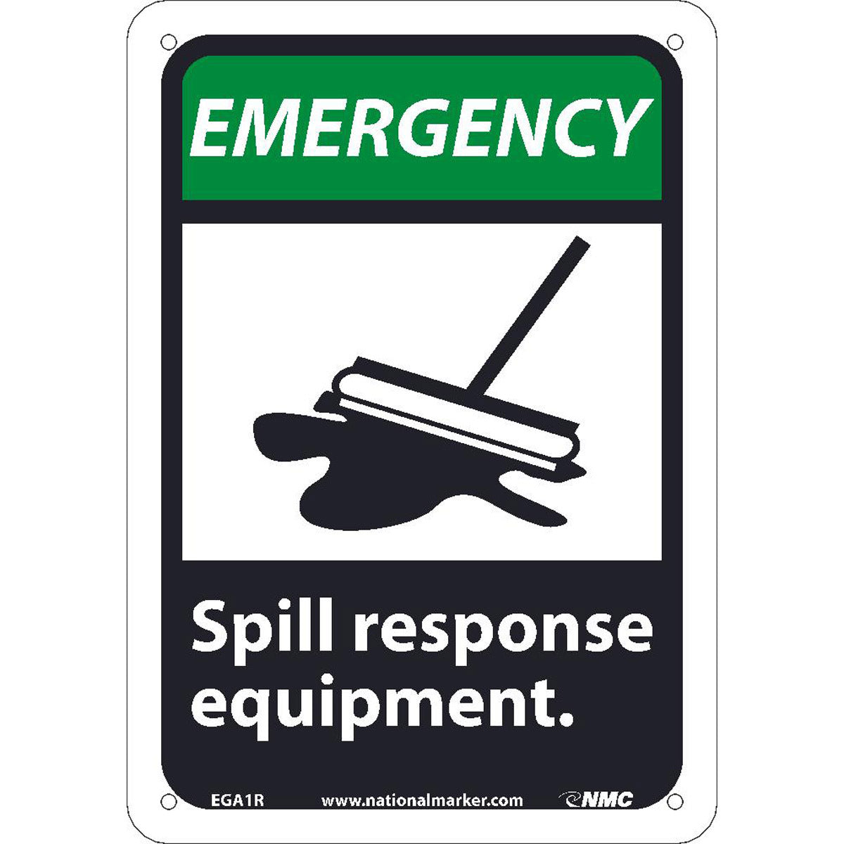 NM 10" X 7" White .05" Rigid Plastic Safety Sign "EMERGENCY Spill response equipment."