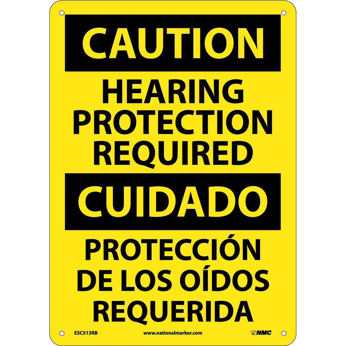 NM 14" X 10" Yellow .05" Rigid Plastic Spanish/English Bilingual Sign "HEARING PROTECTION REQUIRED PROTECCIÓN DE LOS OÍDOS REQUERIDA"