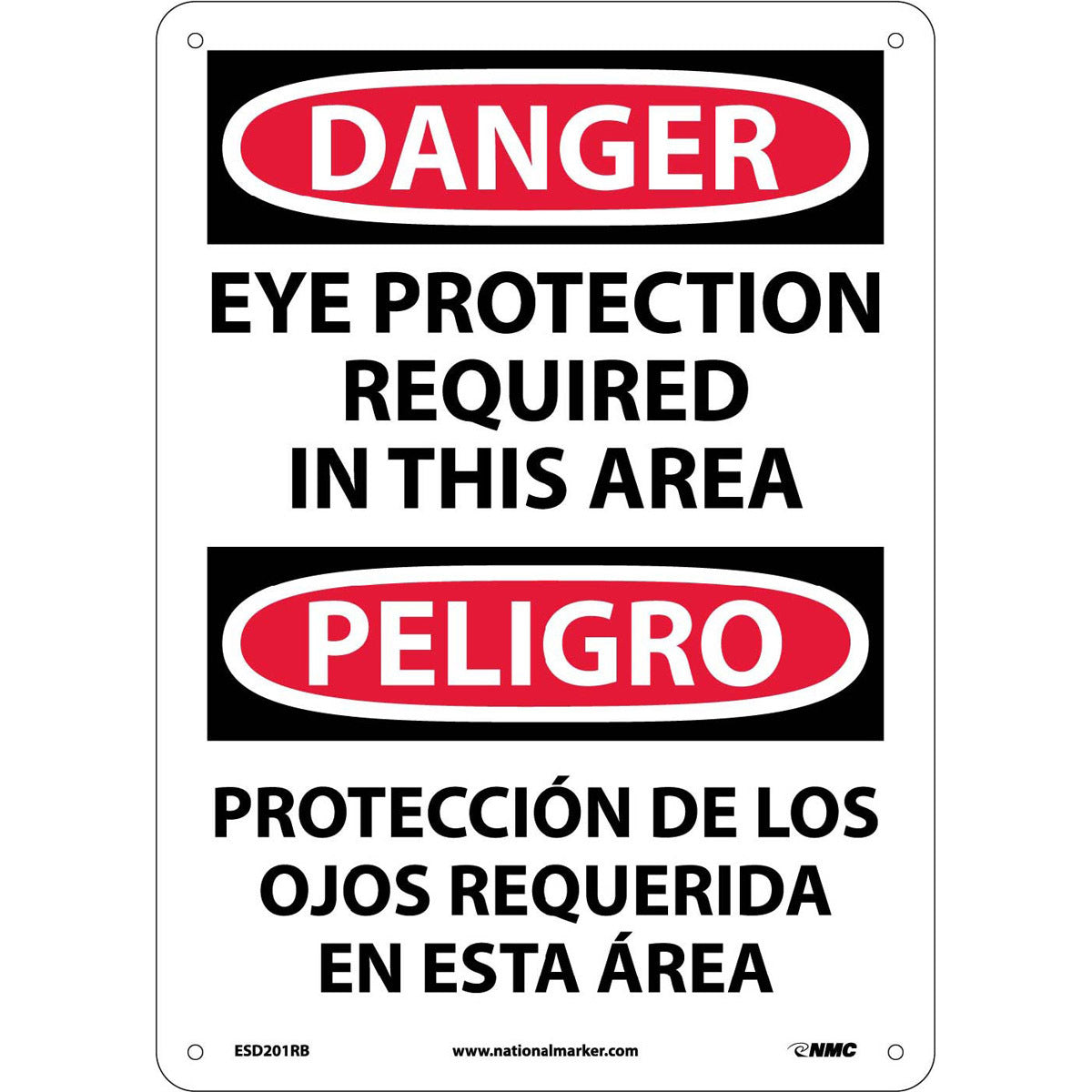 NM 14" X 10" White .05" Rigid Plastic Spanish/English Bilingual Sign "EYE PROTECTION REQUIRED IN THIS AREA PROTECCIÓN DE LOS OJOS REQUERIDA EN ESTA ÁREA"