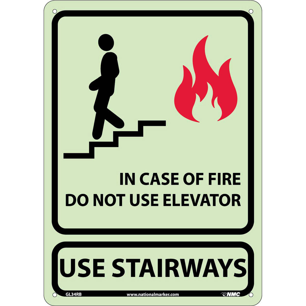 NM 14" X 10" White .05" Rigid Plastic Fire Safety Sign "IN CASE OF FIRE DO NOT USE ELEVATOR USE STAIRWAYS"