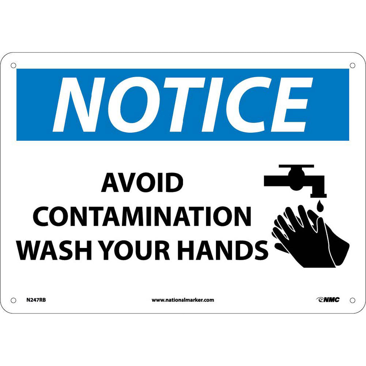 NM 10" X 14" White .05" Rigid Plastic Notice Sign "NOTICE AVOID CONTAMINATION WASH YOUR HANDS"