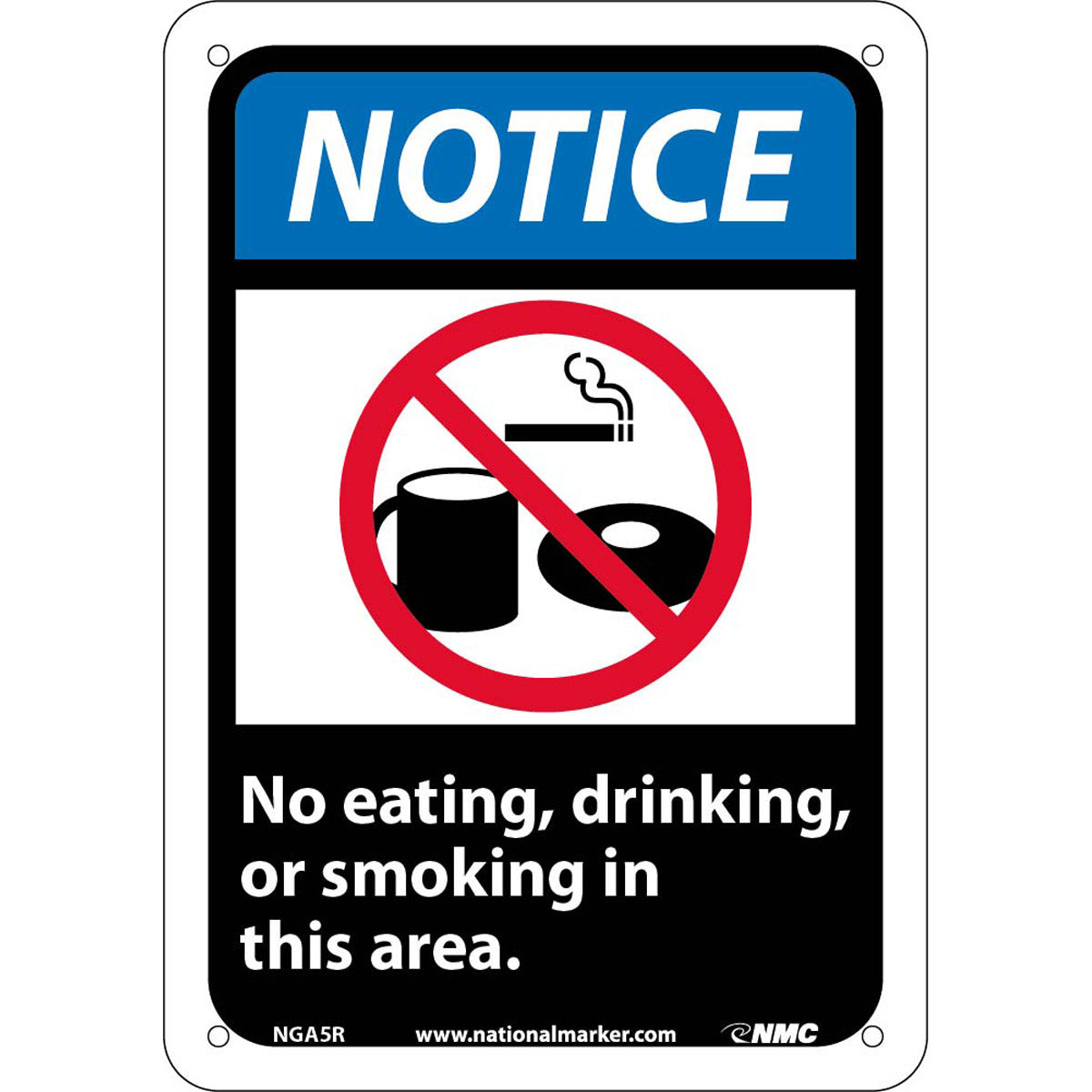 NM 10" X 7" White .05" Rigid Plastic Smoking Control Sign "NOTICE No eating, drinking, or smoking in this area."