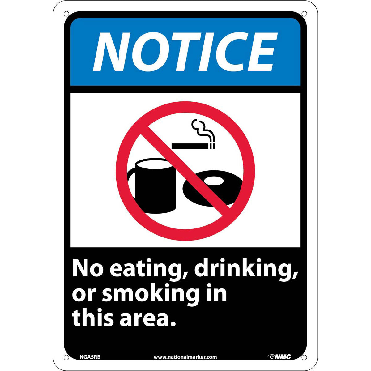 NM 14" X 10" White .05" Rigid Plastic Smoking Control Sign "NOTICE No eating, drinking, or smoking in this area."