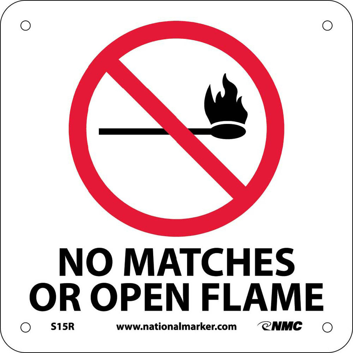 NM 7" X 7" White .05" Rigid Plastic Smoking Control Sign "NO MATCHES OR OPEN FLAME"