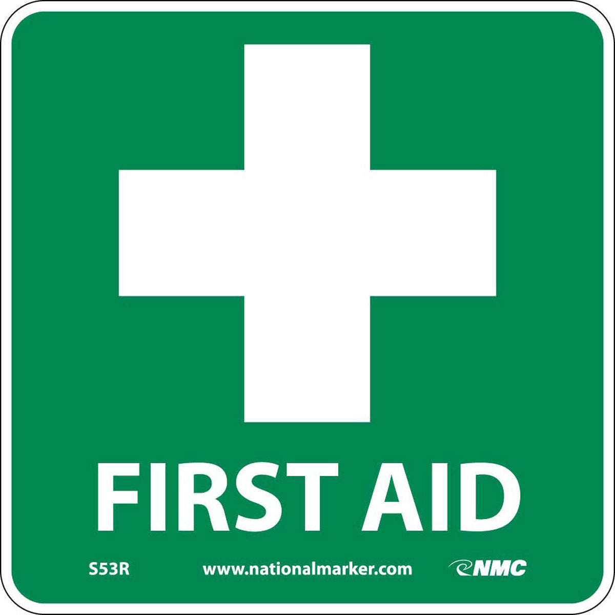 NM 7" X 7" White .05" Rigid Plastic First Aid Sign "FIRST AID"