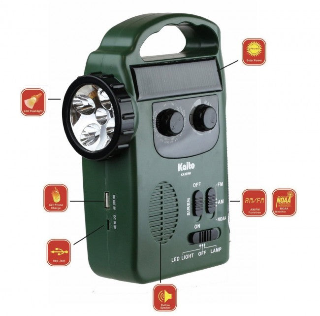 Kaito KA339W Multi-functional 4-way Powered LED Camping Lantern & Flashlight with AM/FM NOAA Weather Radio, Cell Phone Charger & Siren