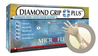 Microflex Medium Natural 9 1/2" Diamond Grip Plus 5.1 mil Latex Ambidextrous Non-Sterile Medical Grade Powder-Free Disposable Gloves With Textured Finish And Standard Examination Beaded Cuff