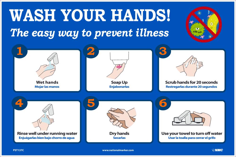 WASH YOUR HANDS POSTER 12" X 18" Unrippable Vinyl