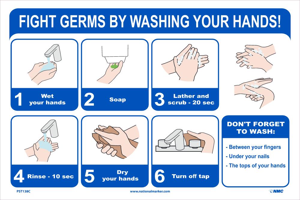 FIGHT GERMS BY WASHING YOUR HANDS POSTER 12" X 18" Unrippable Vinyl