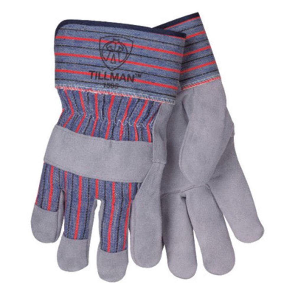 Tillman Large Blue, Red And Gray Economy Shoulder Split Cowhide Leather Palm Gloves With Canvas Back, Rubberized Safety Cuff And Knuckle Strap