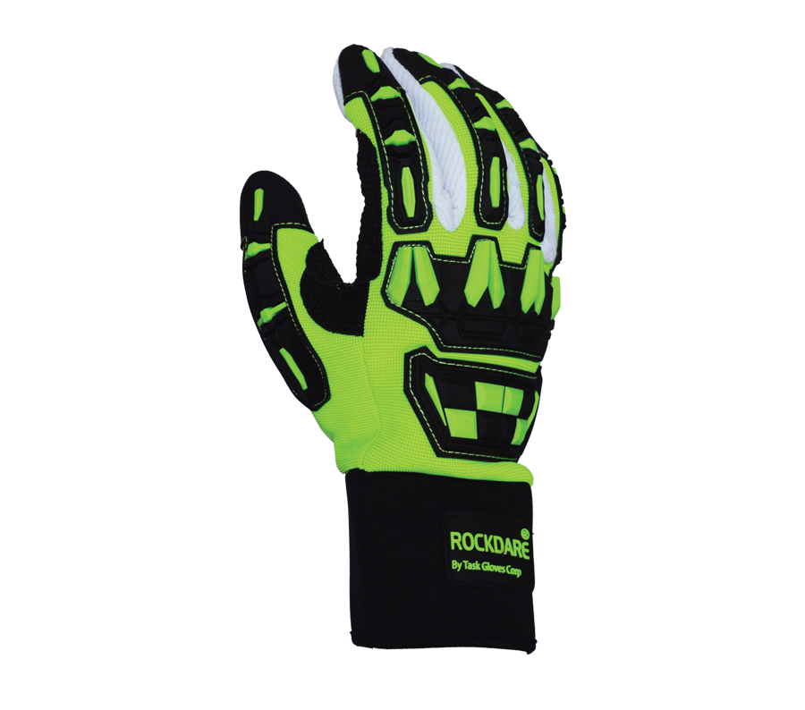 Hi-Vis Green Spandex back, Cotton Corded Palm, Reinforced Thumb Saddle, Neoprene cuff, TPR back